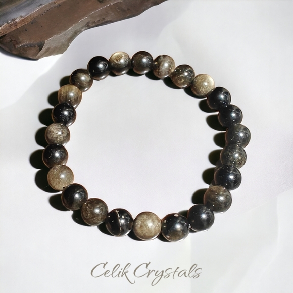 Gold Obsidian Bracelet Natural Stones 8mm Unisex Stretch Bracelet - Picture 1 of 5